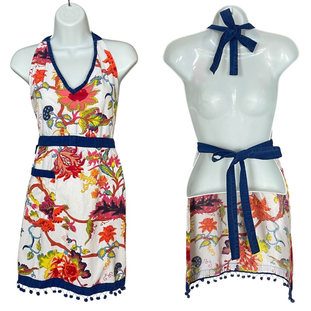 Sur La Table Floral Apron Colorful Cotton Pom Pom Trim Halter Neck Tie Kitchen